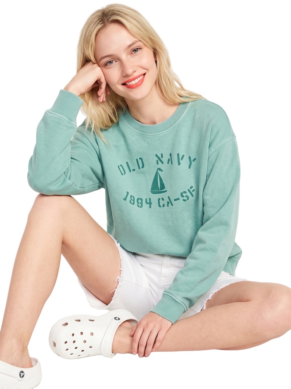 OLD NAVY Green crew neck longsleeve sweatshirt well worn boxy fit Nautical SZ LG